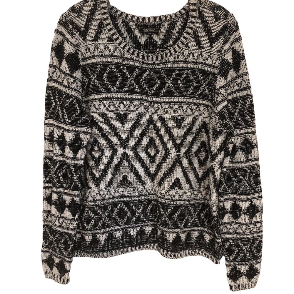 NWT $90 LUCKY BRAND Boho Print Black and White 100% Cotton Long Sleeve Sweater